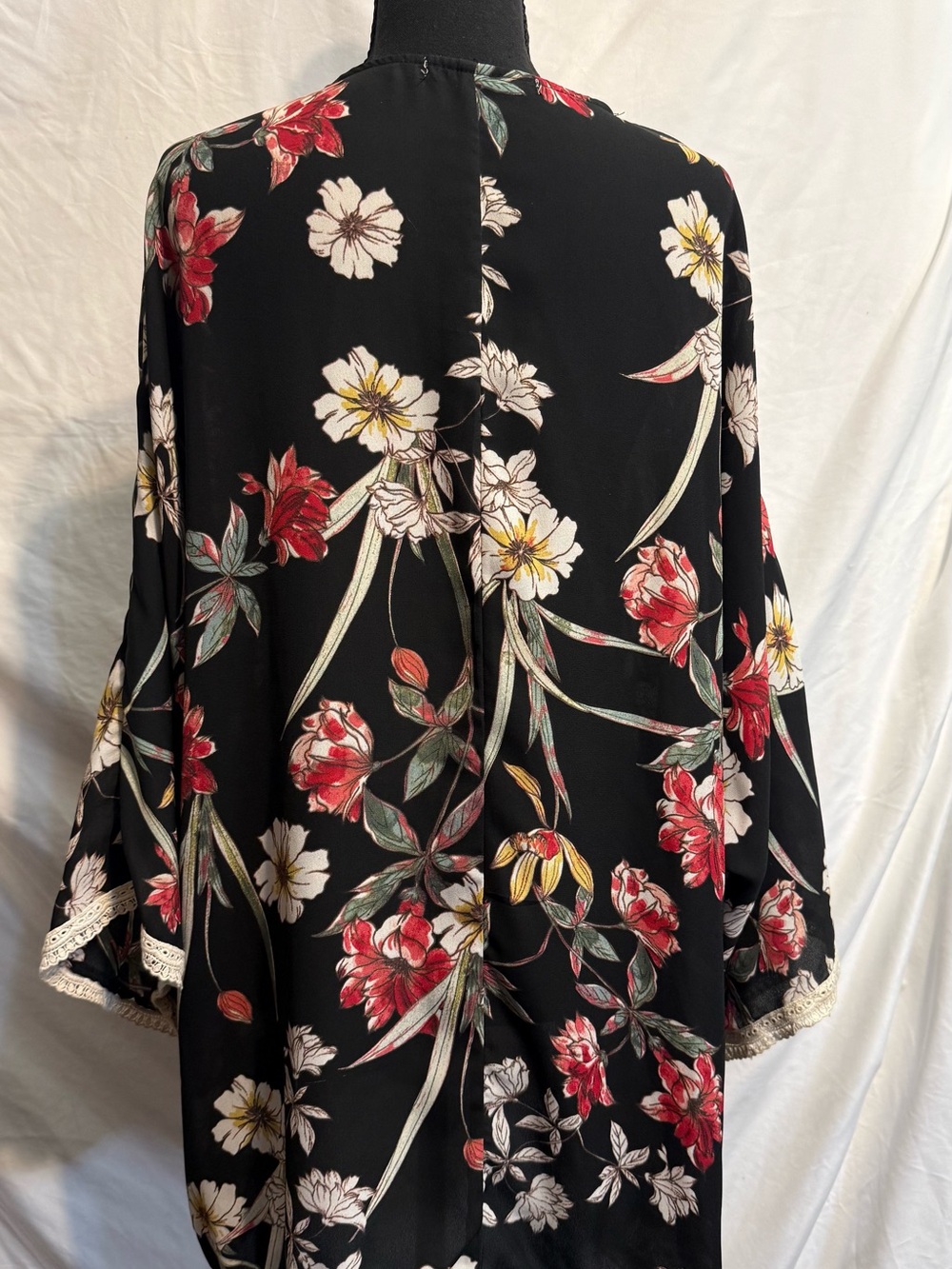 Liberty Love Black Floral Open Cardigan with Red and White Flowers - Picture 2 of 7